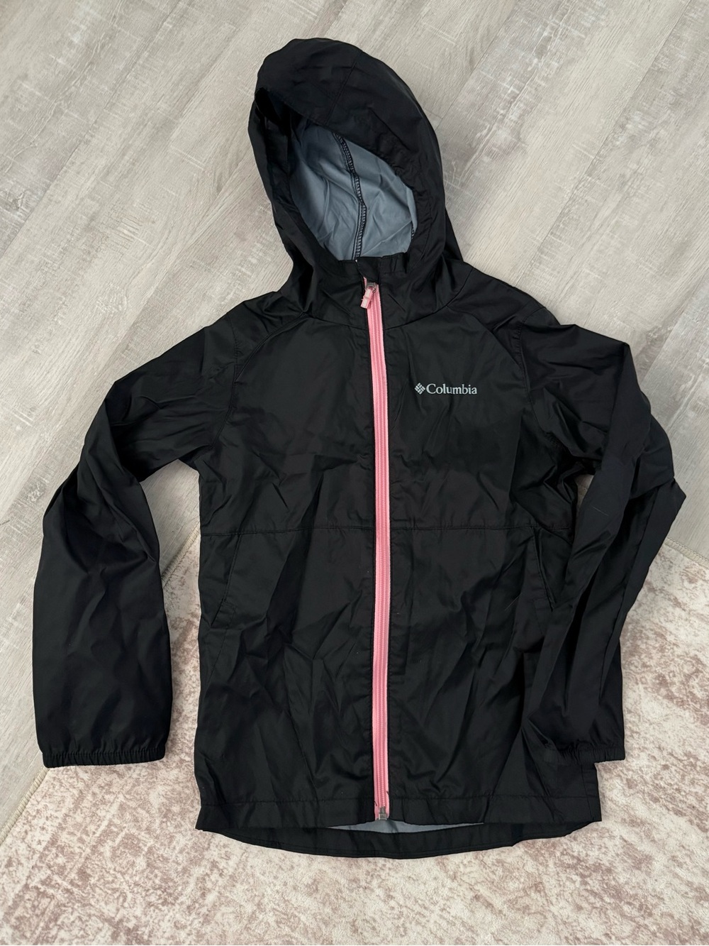 Columbia girls black hooded rain and wind jacket, small 7/8